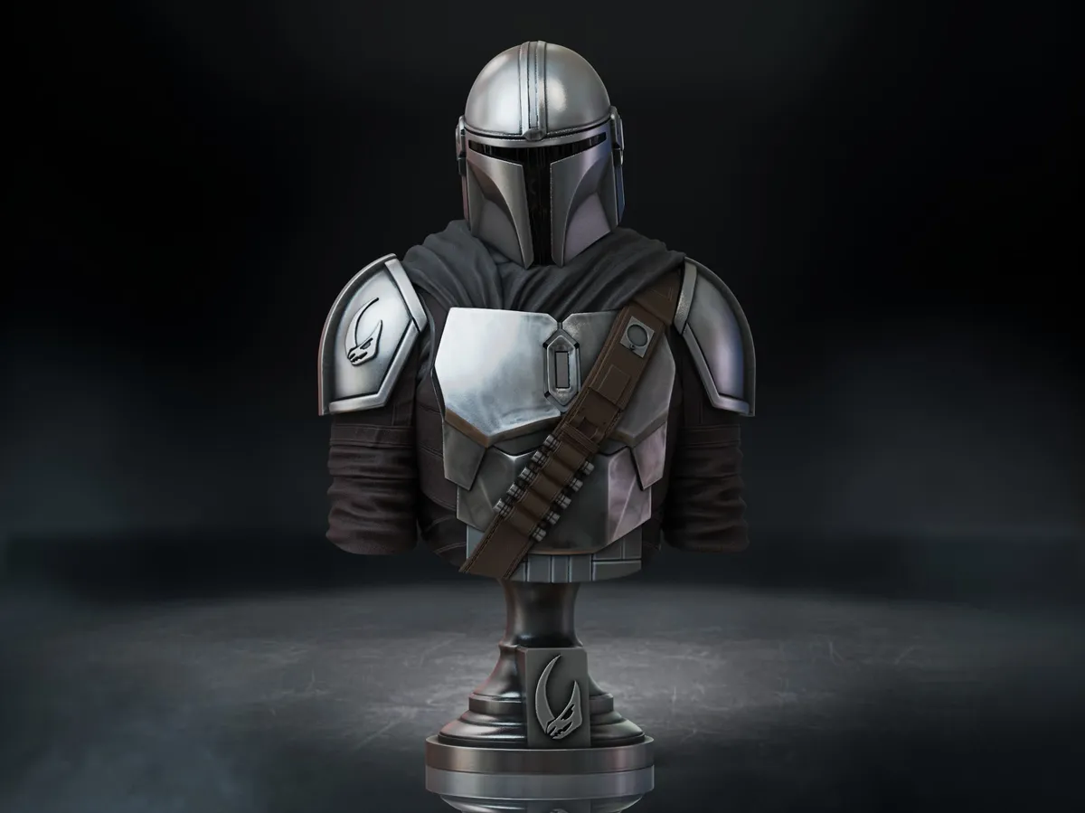 Busto de cazarrecompensas con casco abollado