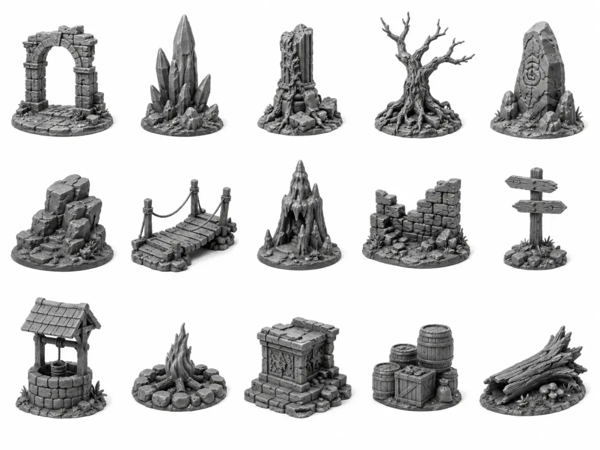 Juego de ruinas y troncos para escenografía