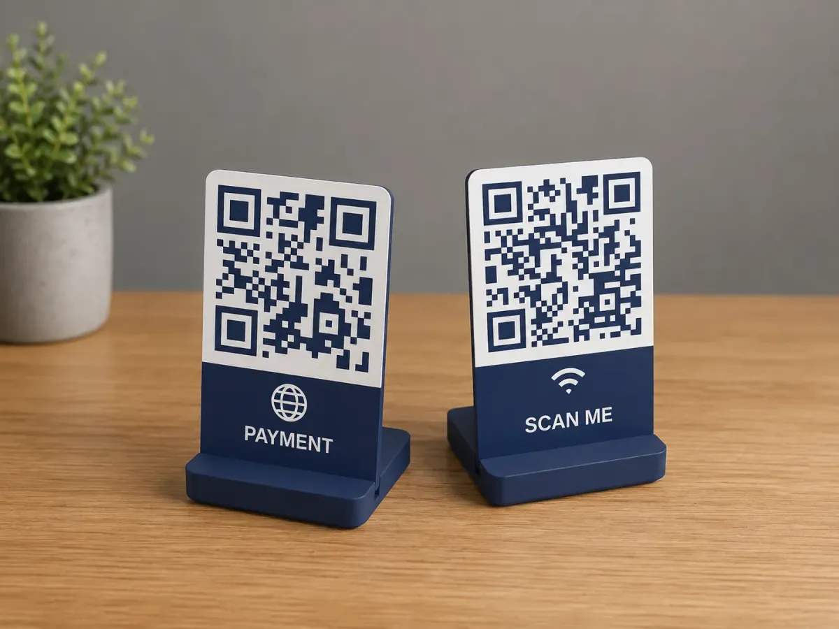 Placa con código QR y pie de apoyo
