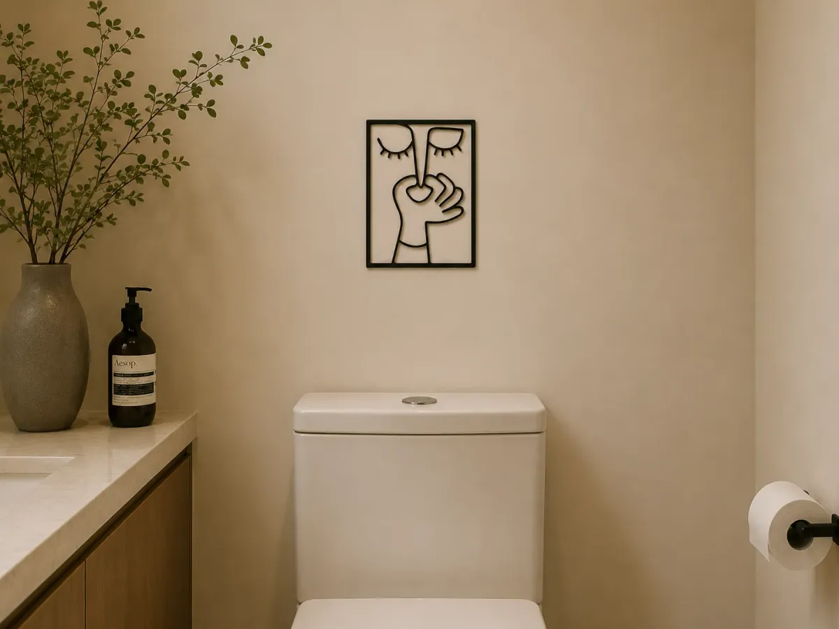 Plaquita decorativa de baño con palabra en relieve