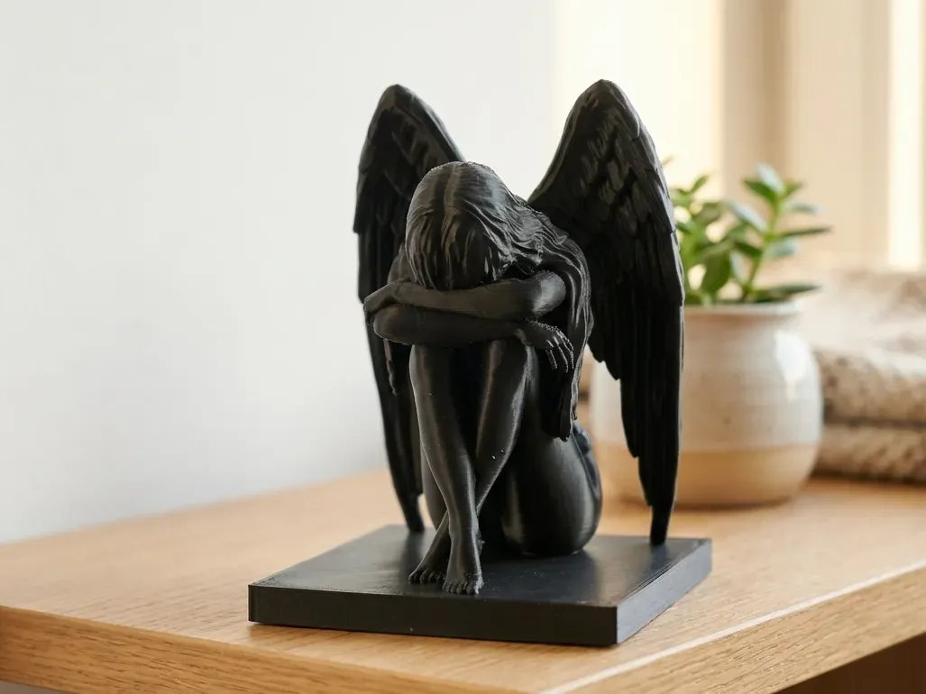 Escultura de ángel recostado con alas