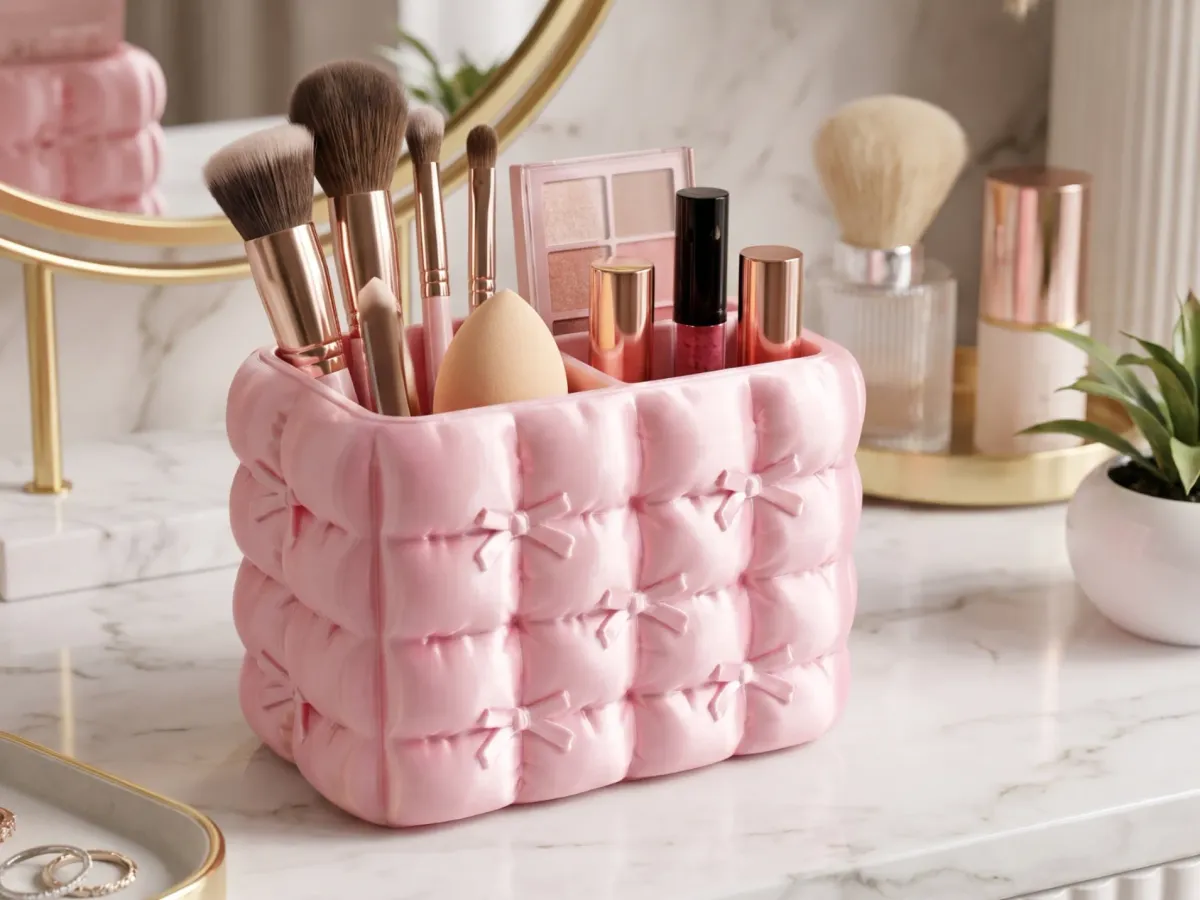Organizador de maquillaje acolchado con moño
