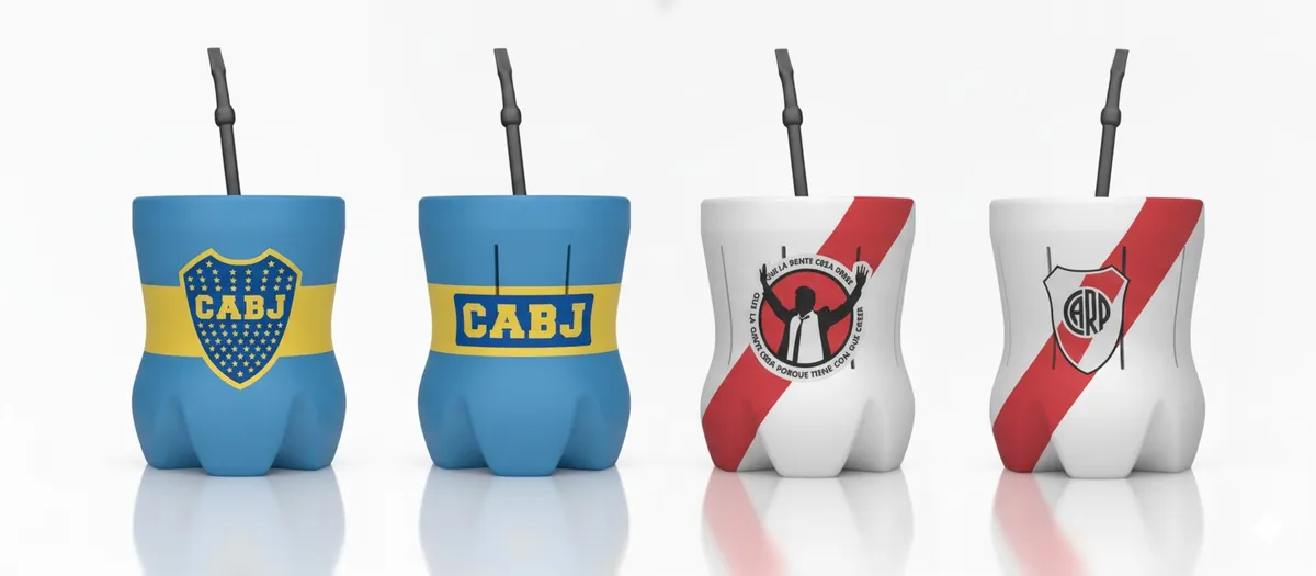 Mate de botella cortada de Boca y River