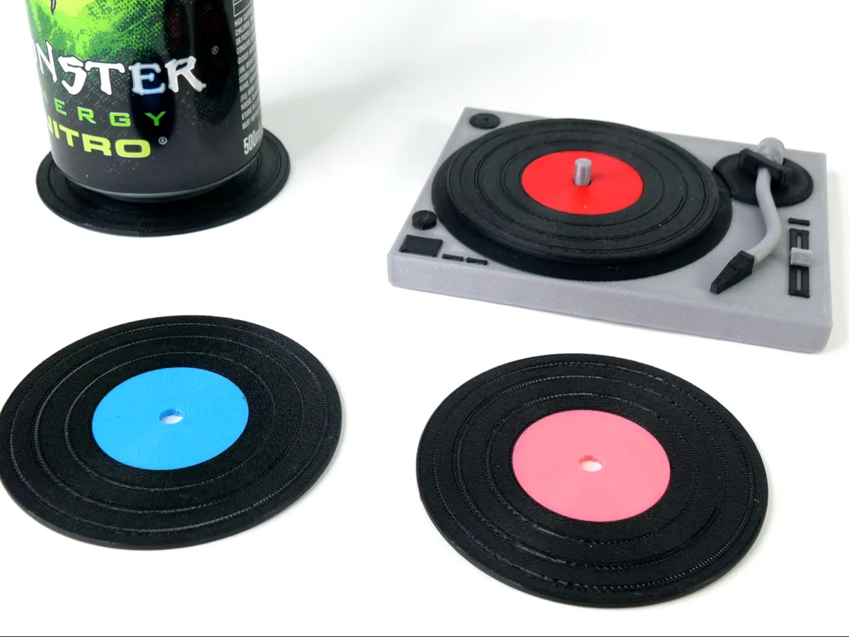Bandeja tocadiscos con posavasos de vinilo