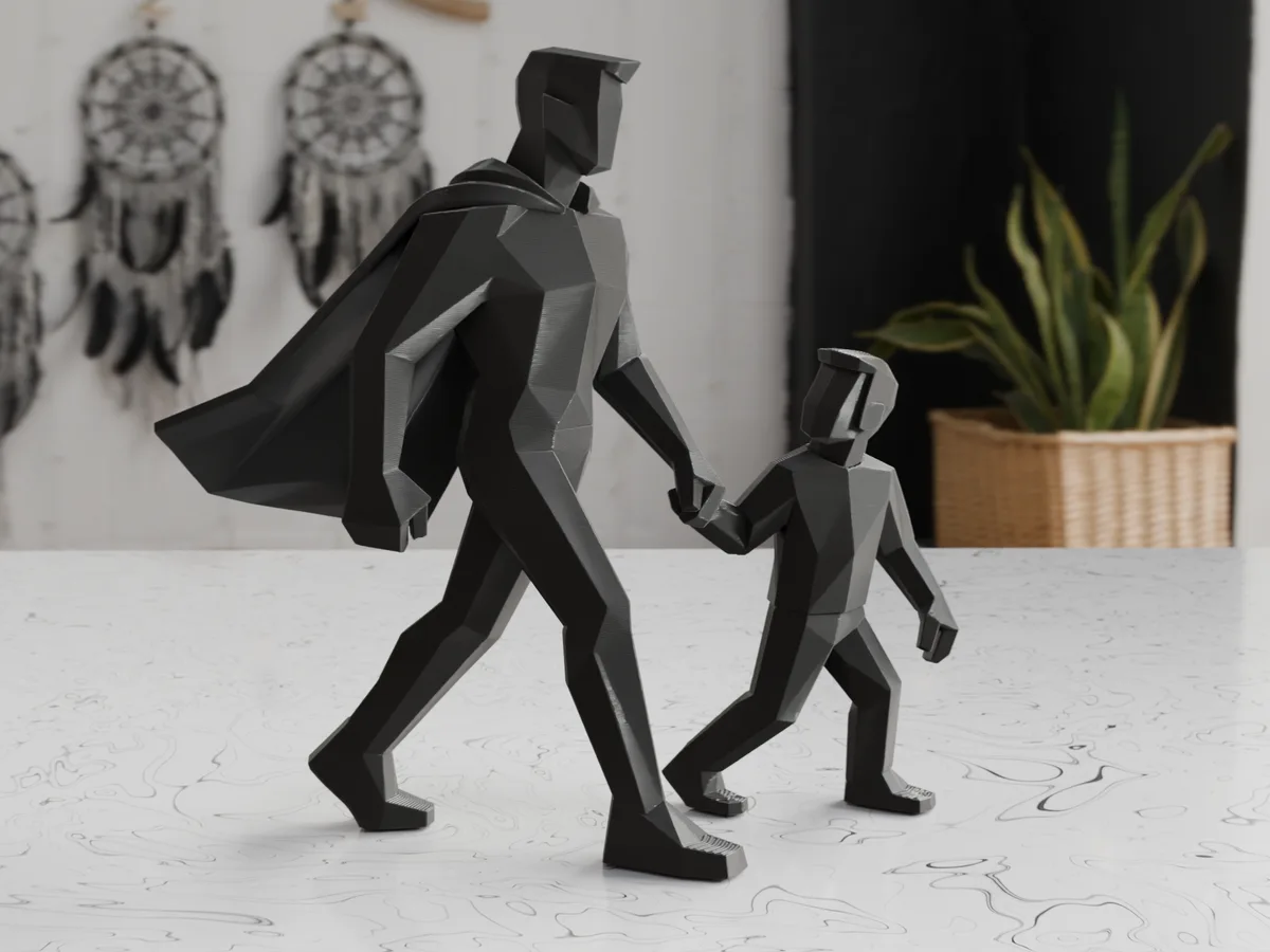 Escultura minimalista de padre e hijo