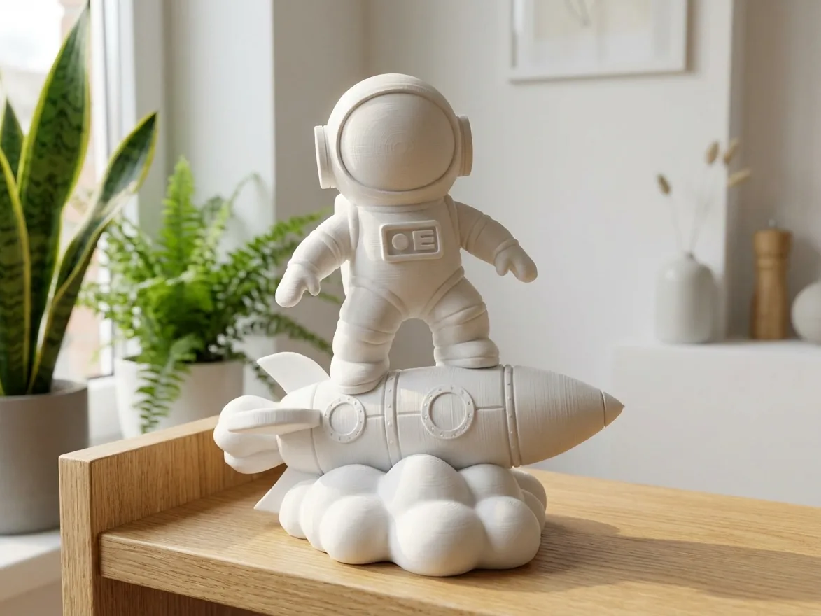 Escultura de astronauta sobre cohete