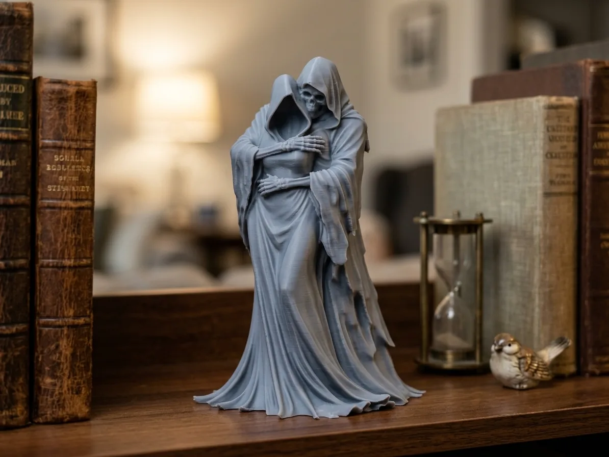 Escultura de dos figuras oscuras