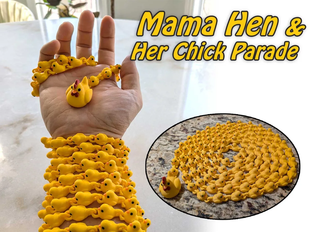 Gallina con sus pollitos en fila