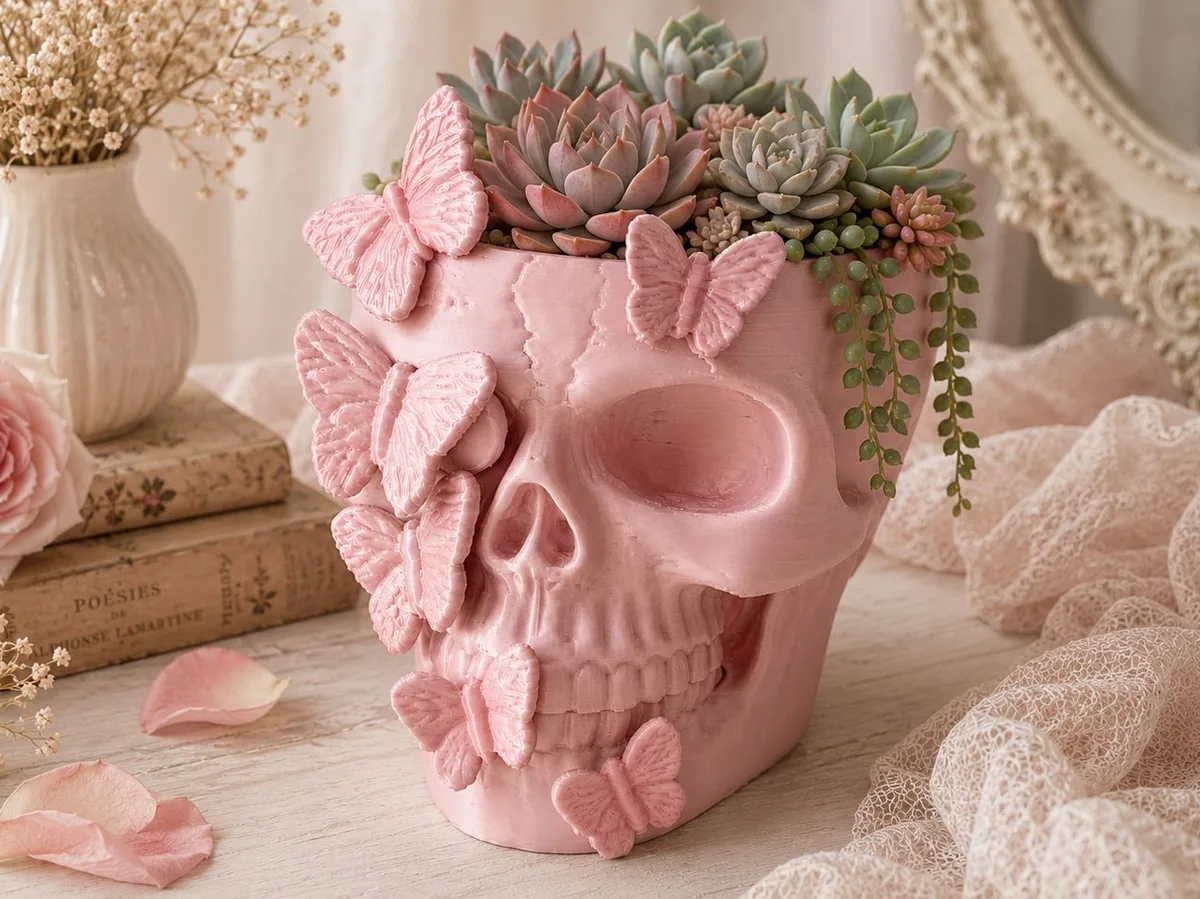 Maceta calavera con mariposas