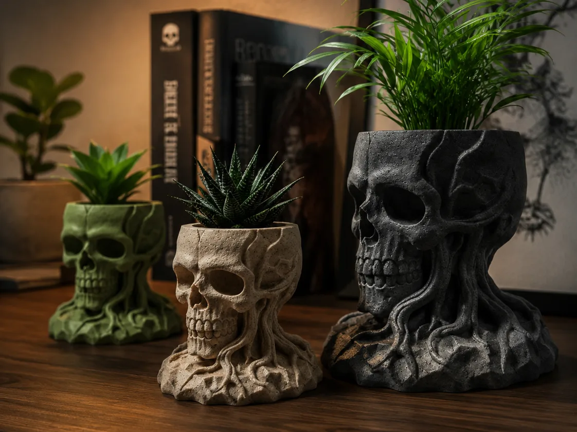 Maceta calavera con raíces