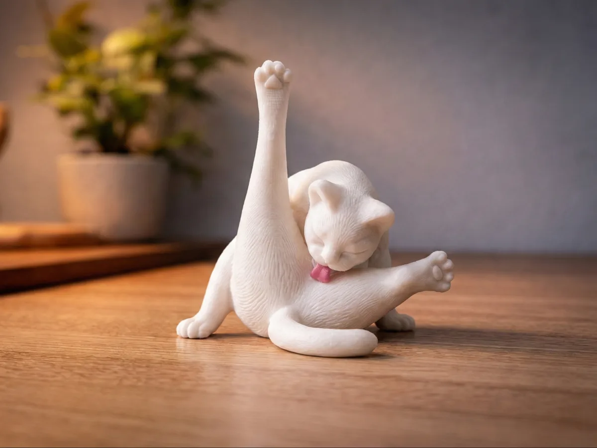 Gato lamiéndose en figura