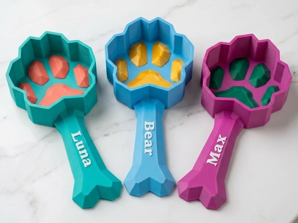 Medidor de alimento con el nombre de la mascota