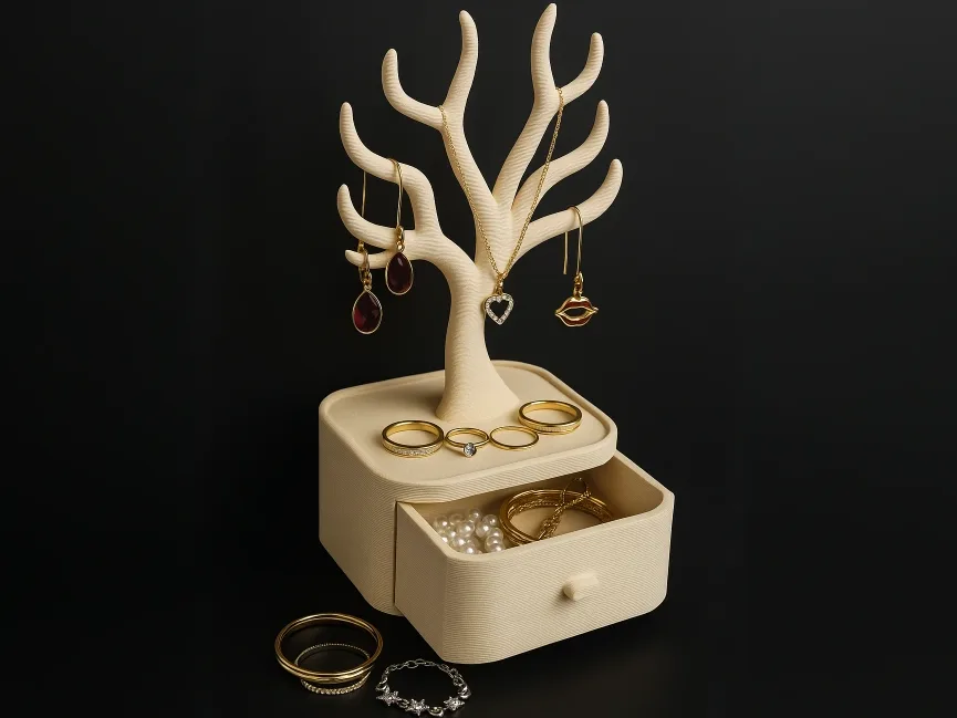 Árbol de joyas con caja en la base